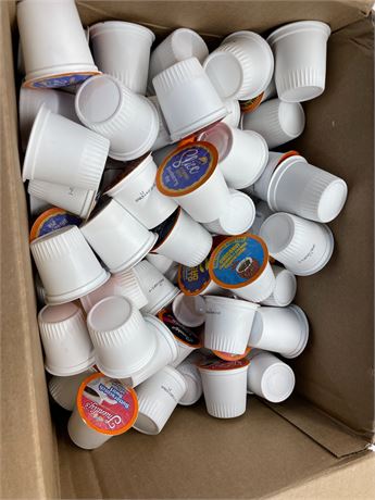 Lot box of assorted keurig coffee k cup pods
