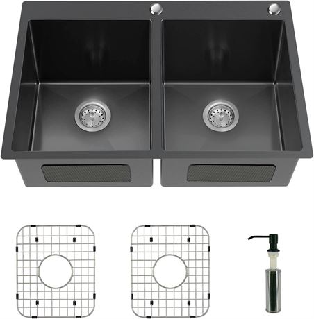 Black Kitchen Sink, 50/50, 33x22x9 Inch