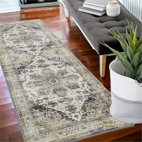 Oriental Runner Rug 2x6, Grey, Non-Shed