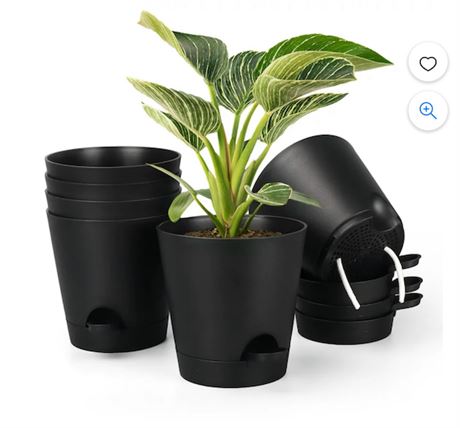 8in Plant Pot Set of 6, Black, Self Watering Planters with Drainage Holes and Sa