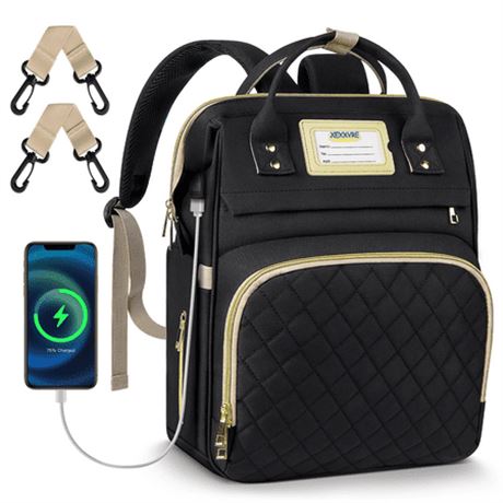 Diaper Backpack, Baby Bag w/ USB Port (Black)