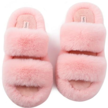 Size 7-8 FamilyFairy Women's Faux Fur Open Toe Slippers