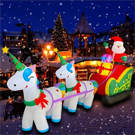 9Ft Inflatable Santa, Sleigh, 2 Unicorns