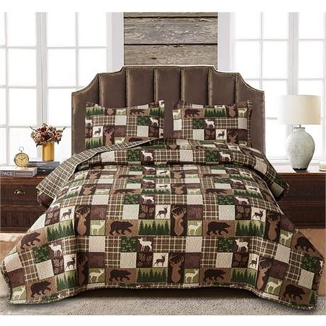 Rustic Twin Size Quilt Moose Bear Bedding Set