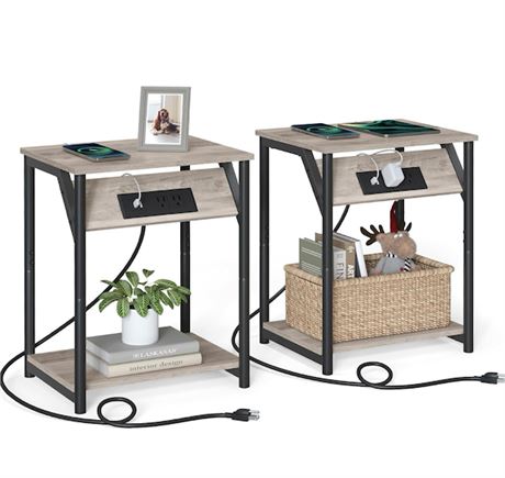 VASAGLE End Table with Charging Station, Set of 2, Small Side Tables for Living