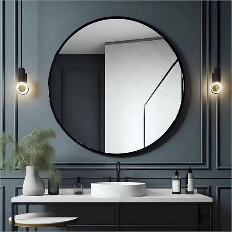 USHOWER 36" Black Round Wall Mirror