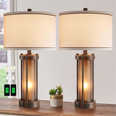 2 Rustic Lamps with USB Ports, Amber Glass