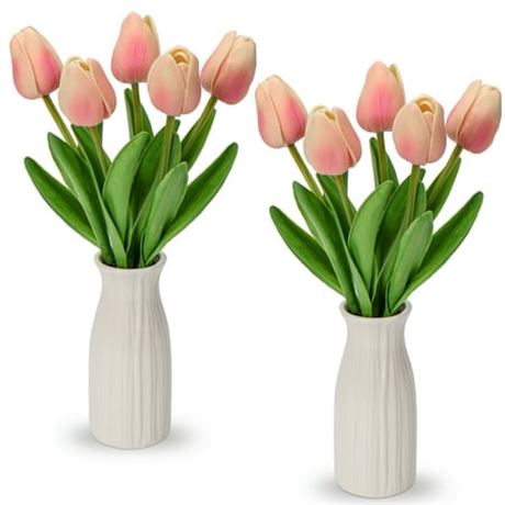 Artificial Pink Tulips in White Ceramic Vase