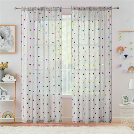 Boho Dots Sheer Curtains, Grey, 54"L x 52"W