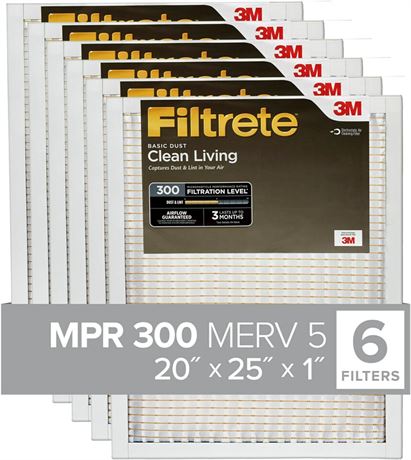 Filtrete 20x25x1 Filter, MPR 300, 6-Pack