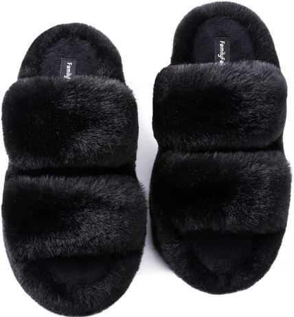 Size 11-12 FamilyFairy Women's Fur Slippers Black