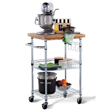 Chrome Kitchen Cart with Bamboo Top