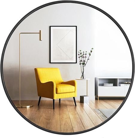 24" Black Round Mirror for Living, Bedroom