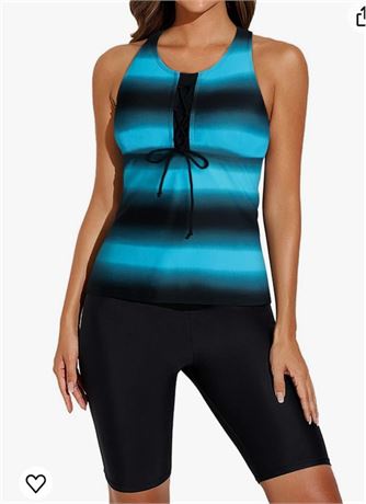 Large Aleumdr Womens Racerback Color Block Print Tankini Swimsuits with Swim Cap