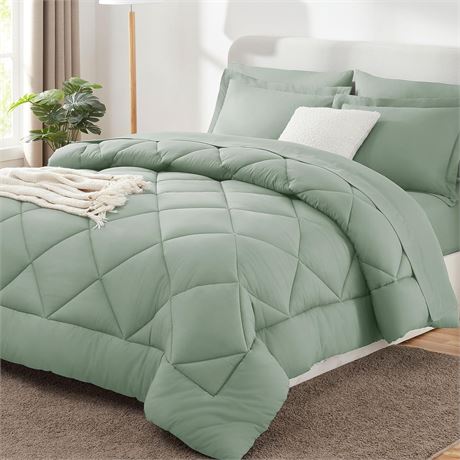 CozyLux Queen Comforter 7pc Set, Sage Green