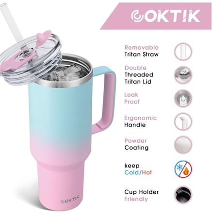 COKTIK 40 oz Tumbler With Handle and Straw Lid, 2-in-1 Lid (Straw/Flip), Vacuum