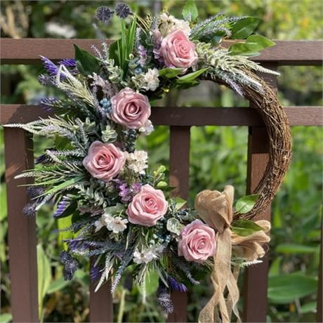 24" Spring Rose Wreath with Lavender and Bow