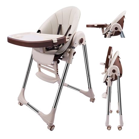 Beige Baby High Chair, Convertible, Foldable