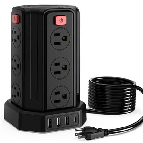 Power Strip 12 Outlets, 4 USB, 10ft, Black