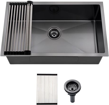 30 Inch Black Stainless Steel Kitchen Sink, 29 1/2 x 17 Undermount Black Kitchen