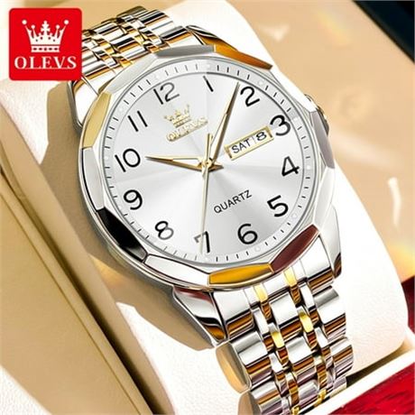 OLEVS Men's Silver-Gold Quartz Watch, Luminous