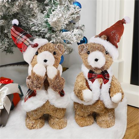 2 Pack 13.4" Woven Straw Bear Couple Figurines