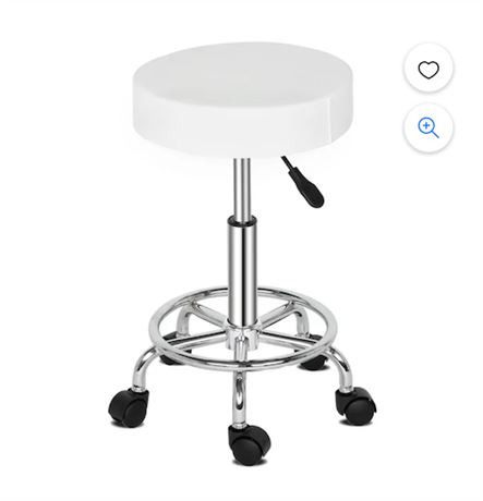 Round Rolling Stool with White PU Leather Height Adjustable Swivel Drafting Work