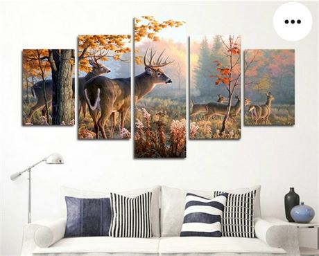 CrmArt 5 Panel Wall Art Painting Whitetail Deer in Autumn Sunlight Forest Pictur