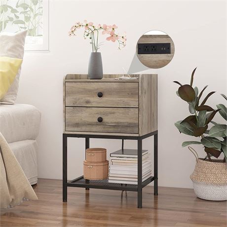 Saedew Nightstand with Charging Station, Grey