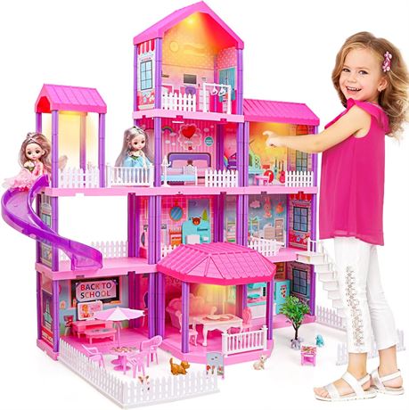 4-Story Doll House with 2 Dolls & Furniture