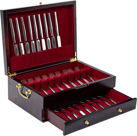 GENRICE Wooden Silverware Chest, Double-layer