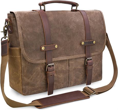 Mens 15.6" Messenger Bag, Waxed Leather, Brown