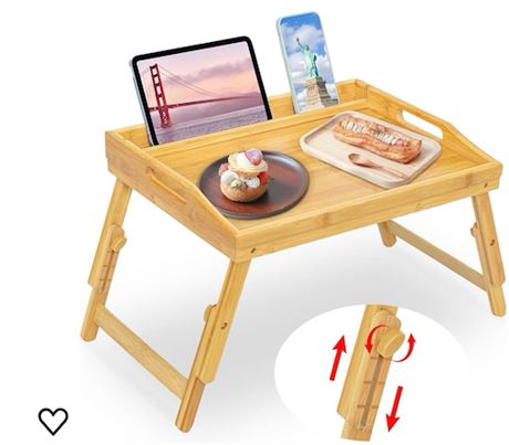 Bed Tray Table for Eating - Bamboo Breakfast Food Table with Phone Tablet Holder
