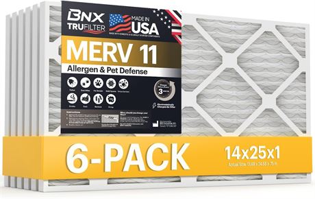 BNX 14x25x1 MERV 11 Air Filter 6 Pack