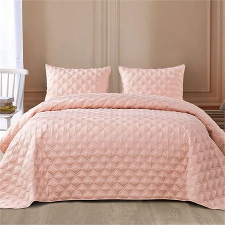 Queen Bed Quilt Set, Stitched Pattern, Pink