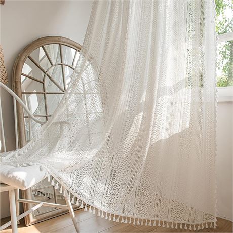 Lace Curtain with Tassel, 59"x 84", White