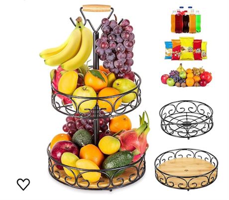 ETECHMART Fruit Basket, Vegetables Countertop Bowl Storage With Banana Hanger, D