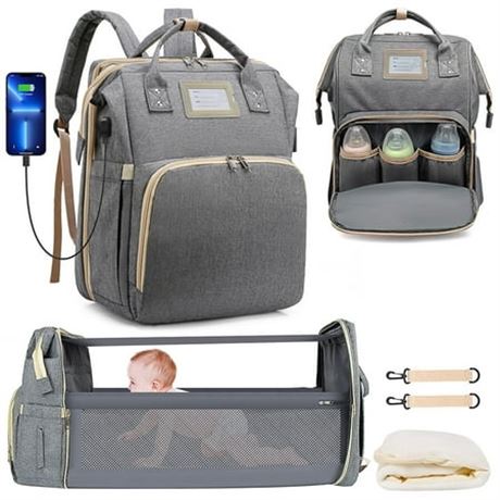 Diaper Bag with Foldable Crib, USB Port - Gray