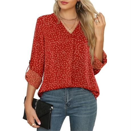 Uvplove 3/4 Sleeve V Neck Blouse, Wine Red, XL