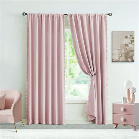 Pink Pom Blackout Curtains, 50"W x 63"L, 2pc