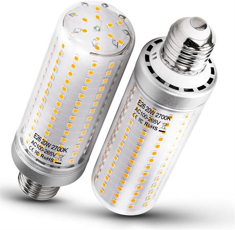 Heifymi E26 20W LED Bulbs, 2700K Warm, 2 Pack