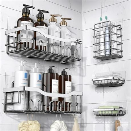 5 Pack Shower Caddy, Steel, Silver, No Drill