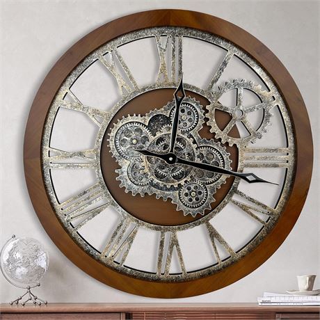 24 Inch Large Wall Clock, Moving Gears, Wood