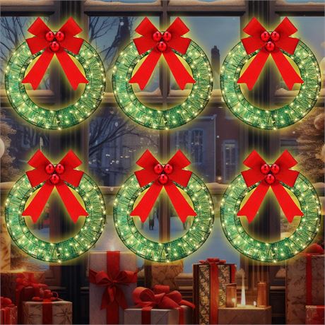 6 Pack 16'' LED Xmas Wreath with Red Bows