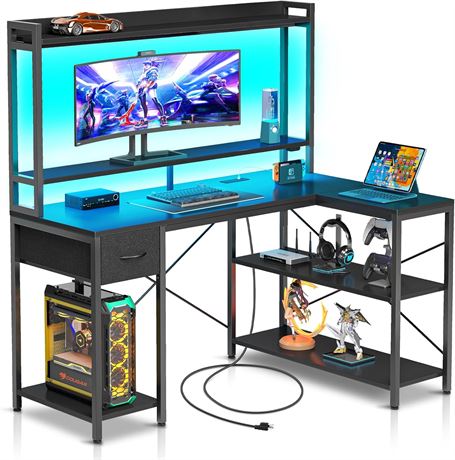L-shaped Gaming Desk with LED, Black