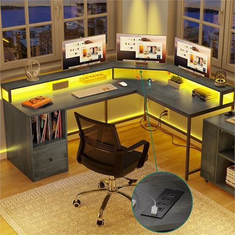 YITAHOME L Desk, 67" Outlets, LED, Drawer