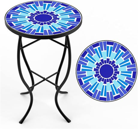 Mosaic Outdoor Table, 14" D, 21" H, Blue