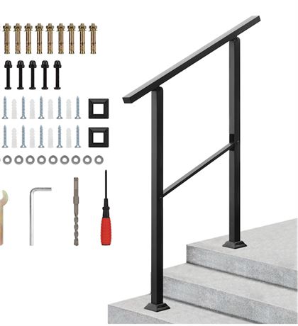 Handrails for Outdoor Steps Fits 2-3 Steps, Black Outdoor Wrought Iron Stair Rai