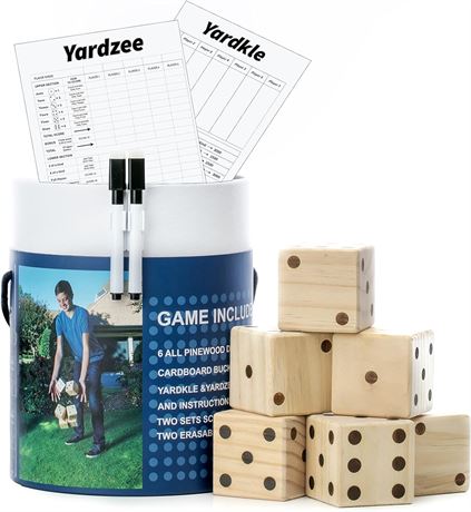 Large Wooden Yard Dice Set of 6 with Bucket